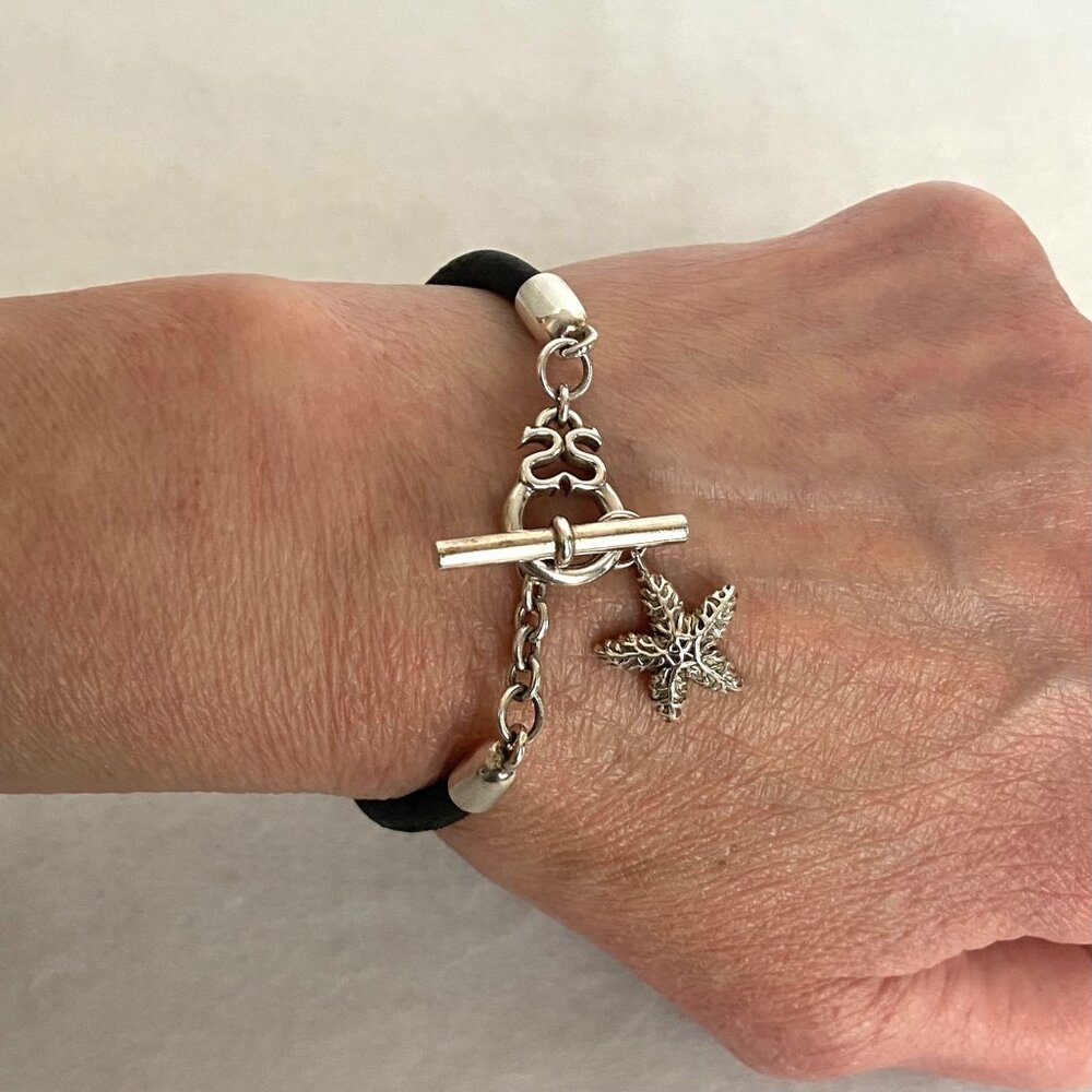 Sterling Silver 925 Starfish Beachy Sea Life Black Leather Band Bracelet 7.5"